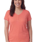 Women's V-neck Short Sleeve Tshirt with A Three Button Placket