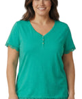 Women's V-neck Short Sleeve Tshirt with A Three Button Placket