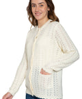 Women's Button Front Crochet Pointelle Cardigan with Pockets