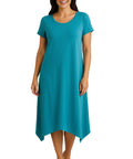 Women's Knit Wide Scoop Neck Short Sleeve Dress in A-line Asymmetrical Hem