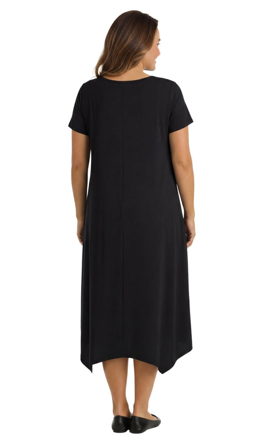 Women's Knit Wide Scoop Neck Short Sleeve Dress in A-line Asymmetrical Hem - Silverts 2