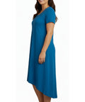 Women's Knit Wide Scoop Neck Short Sleeve Dress in A-line Asymmetrical Hem - Silverts 10