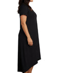Women's Knit Wide Scoop Neck Short Sleeve Dress in A-line Asymmetrical Hem