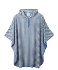 A blue and white vertically striped hooded poncho with a half-zip neckline, displayed on a clean white background.