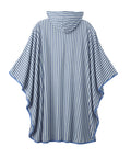 A hooded poncho-style top with vertical blue and white stripes, shown from the back against a plain white background.