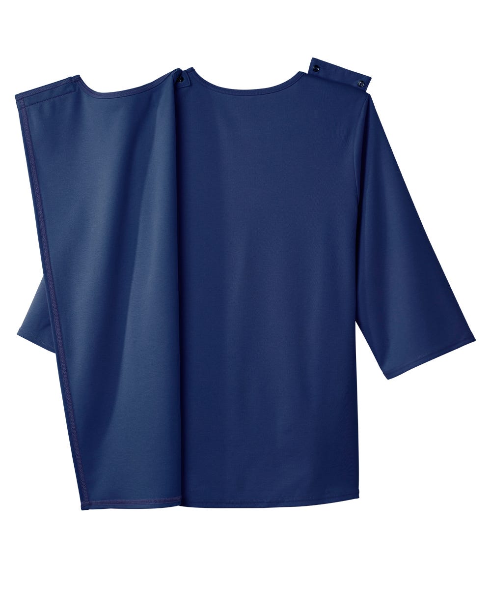 Blue blouse with a V-neckline and short sleeves on a white background