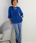 Women's Open Back 3/4 Length Sleeve Top with Embroidery