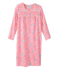 A pink long-sleeve nightgown with a diamond quilted pattern, floral print, and decorative lace trim at the chest, shown against a plain white background.
