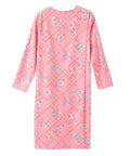 A pink long-sleeve nightgown with a quilted diamond pattern and a floral print, shown against a plain white background.