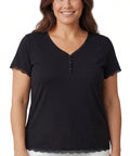 Women's V-neck Short Sleeve Tshirt with A Three Button Placket