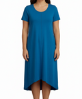 Women's Knit Wide Scoop Neck Short Sleeve Dress in A-line Asymmetrical Hem