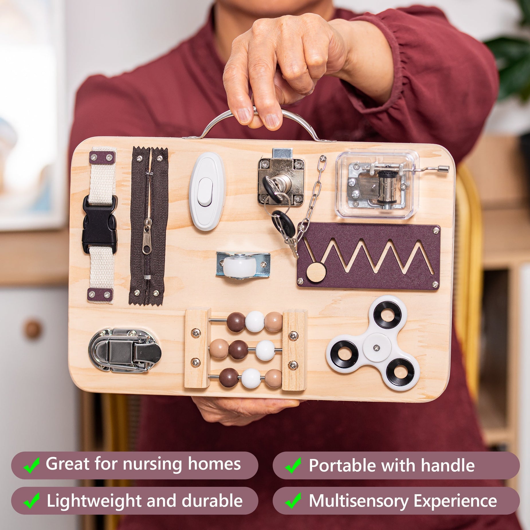 Wooden Fidget Busy Board for Adults with Altzheimer's, Dementia-friendly games