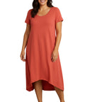 Women's Knit Wide Scoop Neck Short Sleeve Dress in A-line Asymmetrical Hem