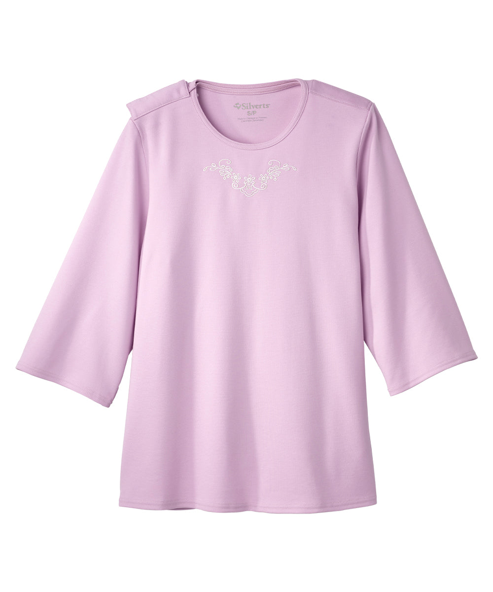 Women's Open Back 3/4 Length Sleeve Top with Embroidery