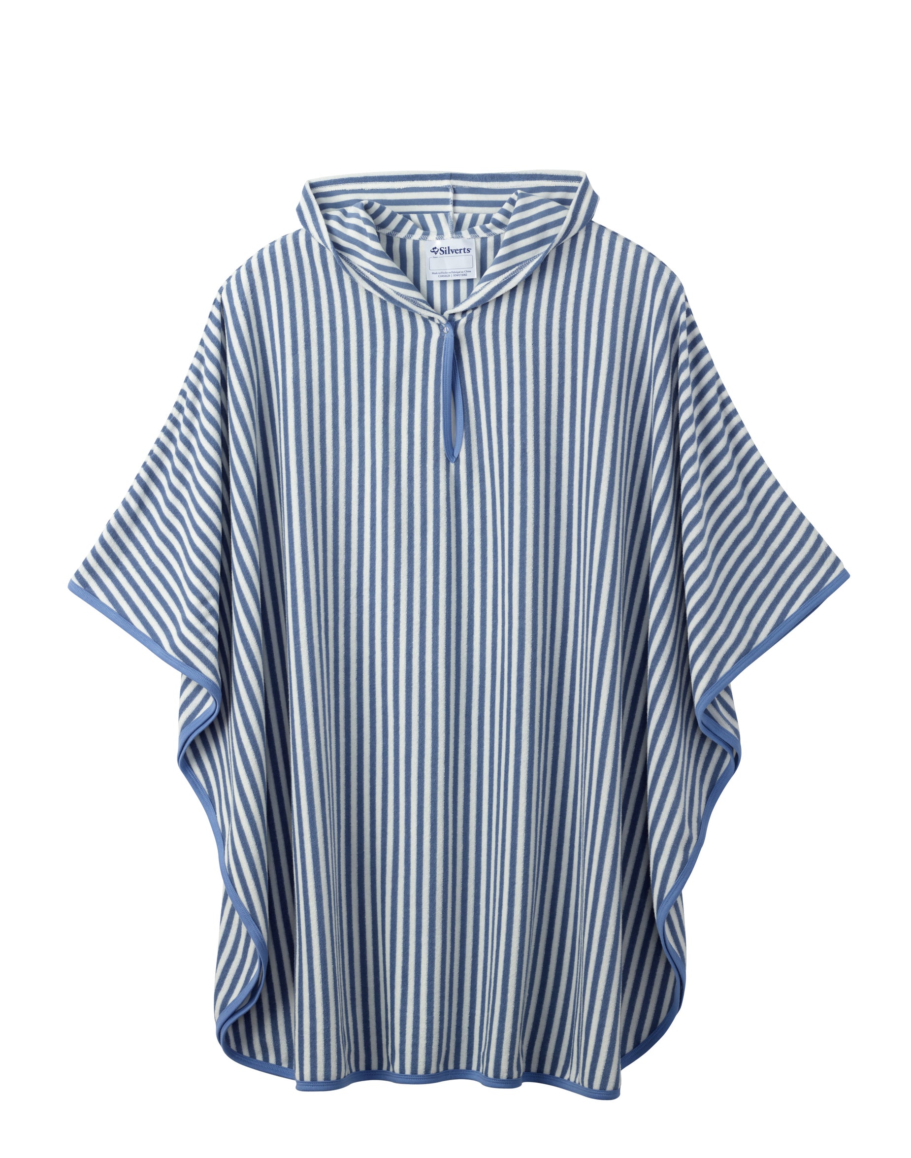 A blue and white vertically striped hooded poncho with a half-zip neckline, displayed on a clean white background.