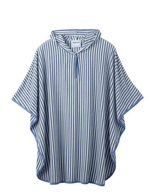 A blue and white vertically striped hooded poncho with a half-zip neckline, displayed on a clean white background.