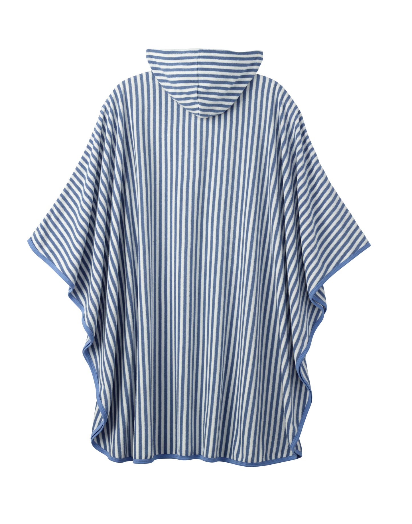 A hooded poncho-style top with vertical blue and white stripes, shown from the back against a plain white background.