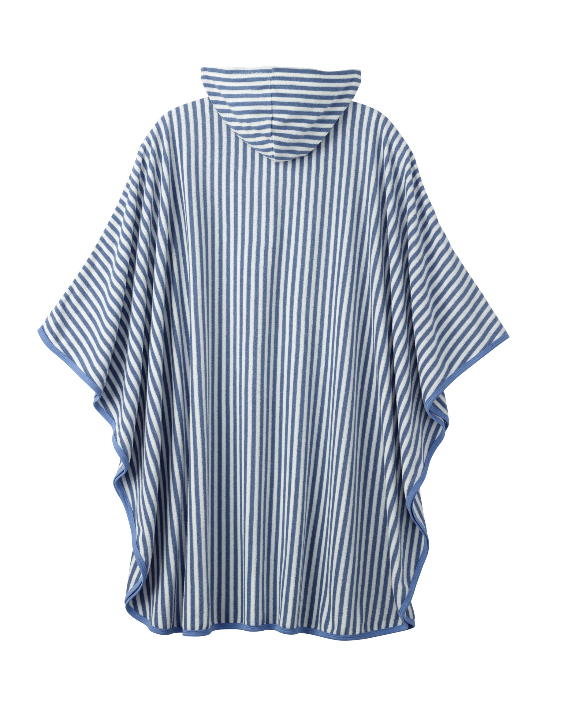 A hooded poncho-style top with vertical blue and white stripes, shown from the back against a plain white background.
