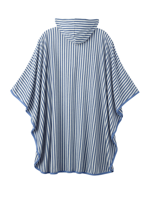 A hooded poncho-style top with vertical blue and white stripes, shown from the back against a plain white background.