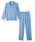 A two-piece children's pajama set in light blue with a dark blue polka dot pattern, including a long-sleeve button-up shirt and matching pants, shown on a plain white background.
