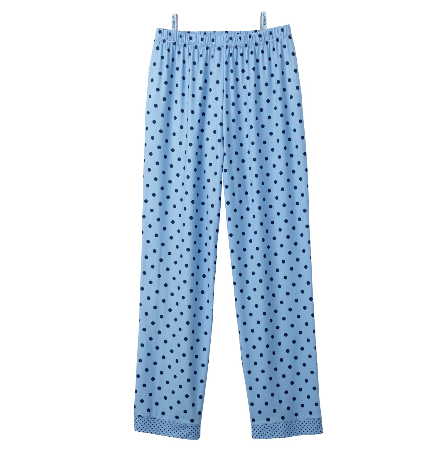 Light blue pajama pants with a dark blue polka dot pattern, featuring an elastic waistband and matching patterned cuffs, shown hanging against a plain white background.