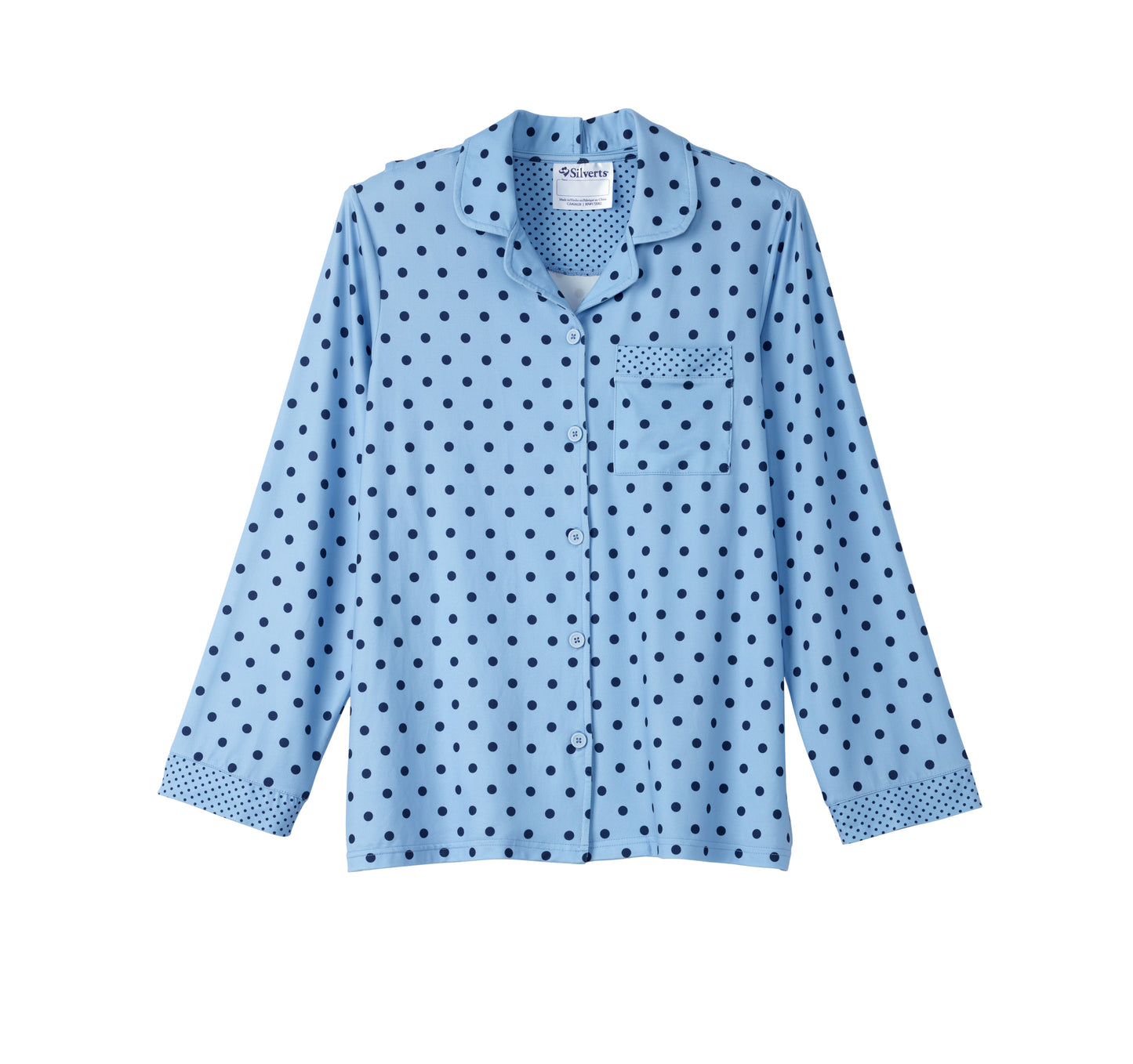 A light blue long-sleeve pajama shirt with a dark blue polka dot pattern, featuring a button-down front, collar, and a chest pocket.