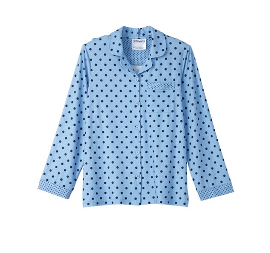 A light blue long-sleeve pajama shirt with a dark blue polka dot pattern, featuring a button-down front, collar, and a chest pocket.