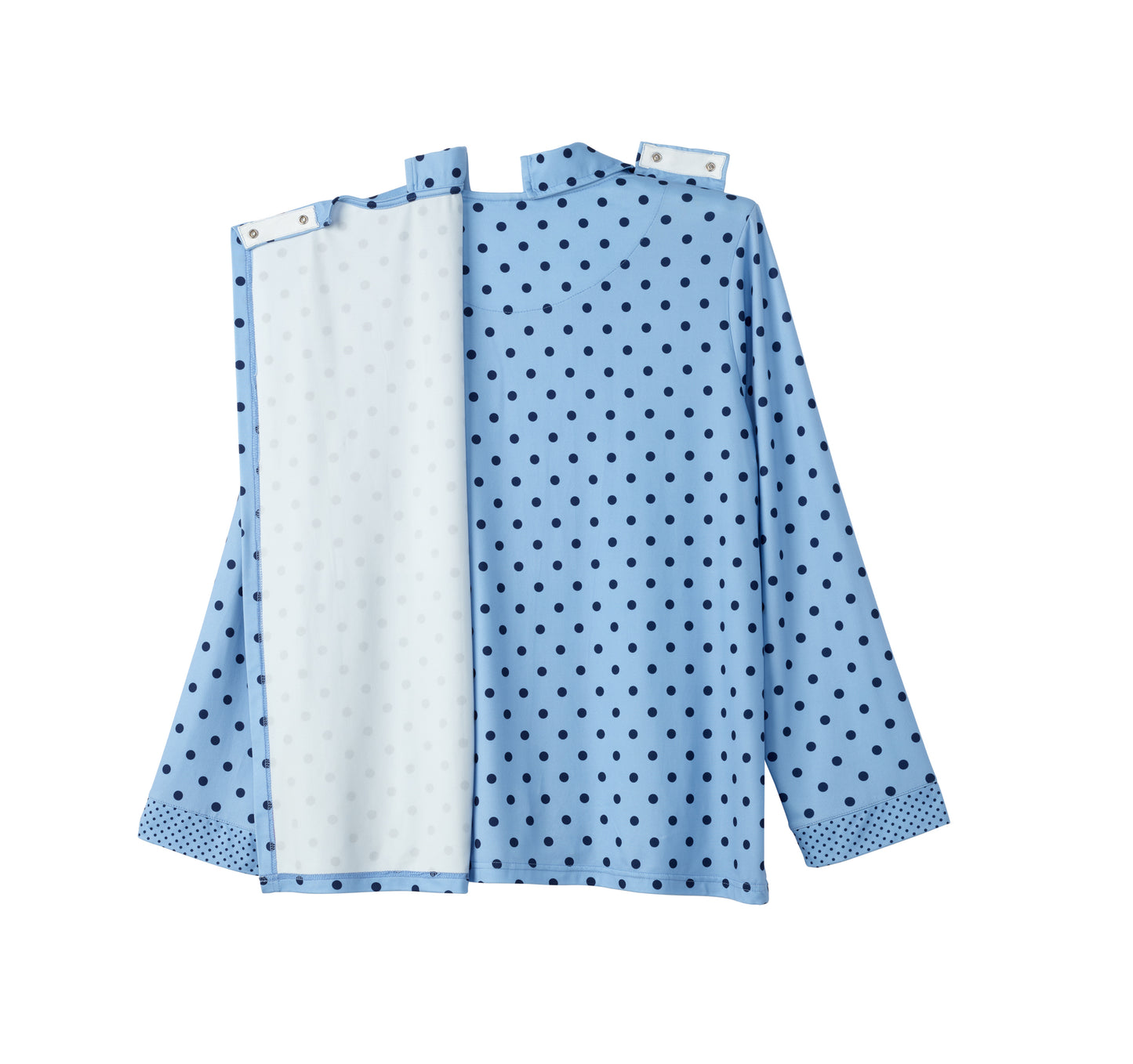 A light blue long-sleeve hospital gown with dark blue polka dots, shown with the front and back panels overlapping on a plain white background.