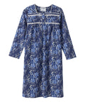 A long-sleeve blue floral nightgown with white embroidered trim across the chest, shown flat against a white background.