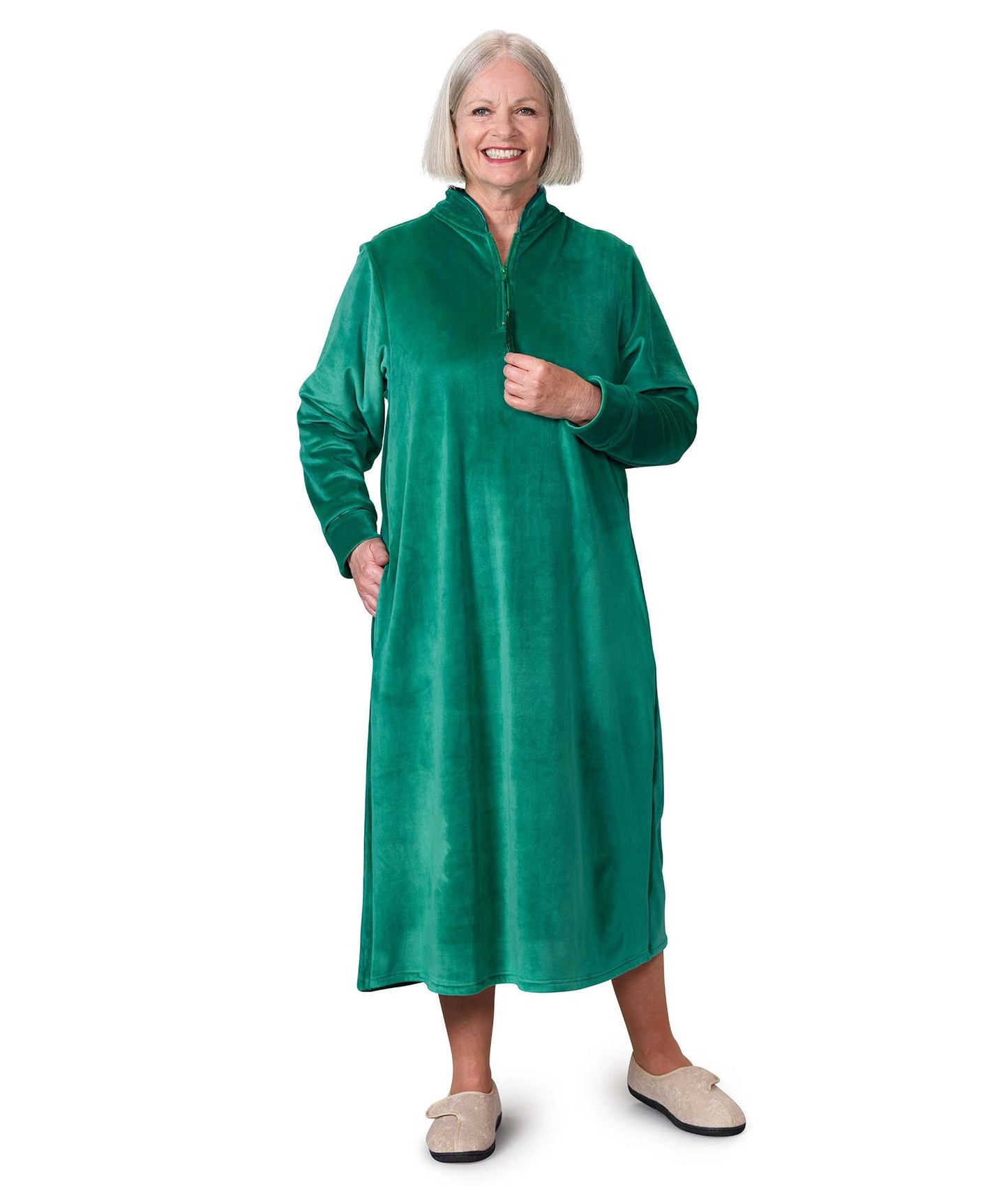 Women's Open Back Plush Nightgown with Zip Front